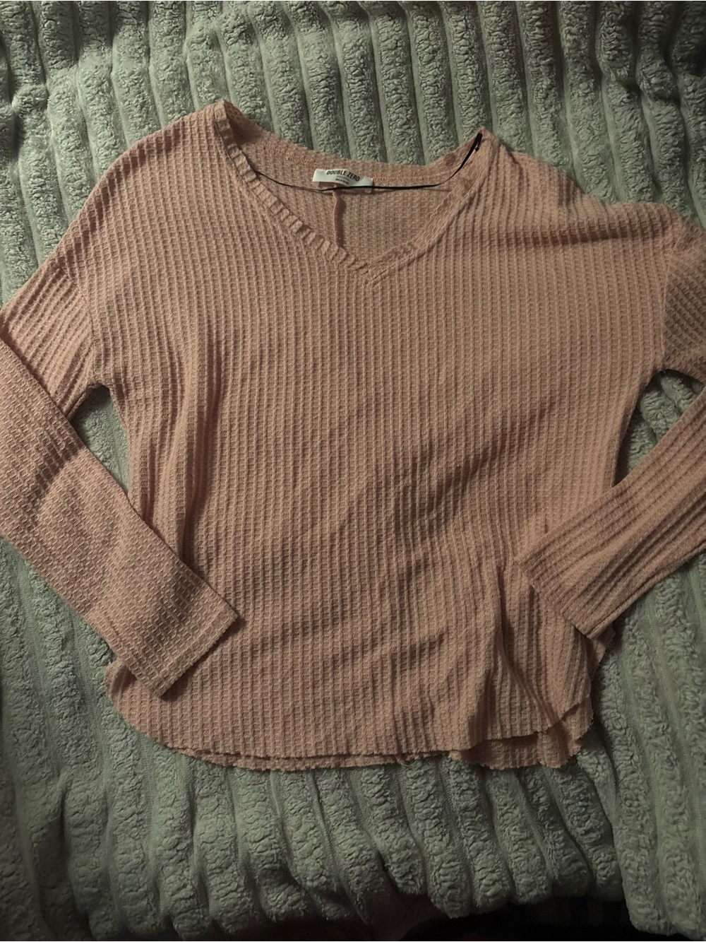 Double Zero Pink Blush Waffle-Knit V-Neck Long Sleeve Top